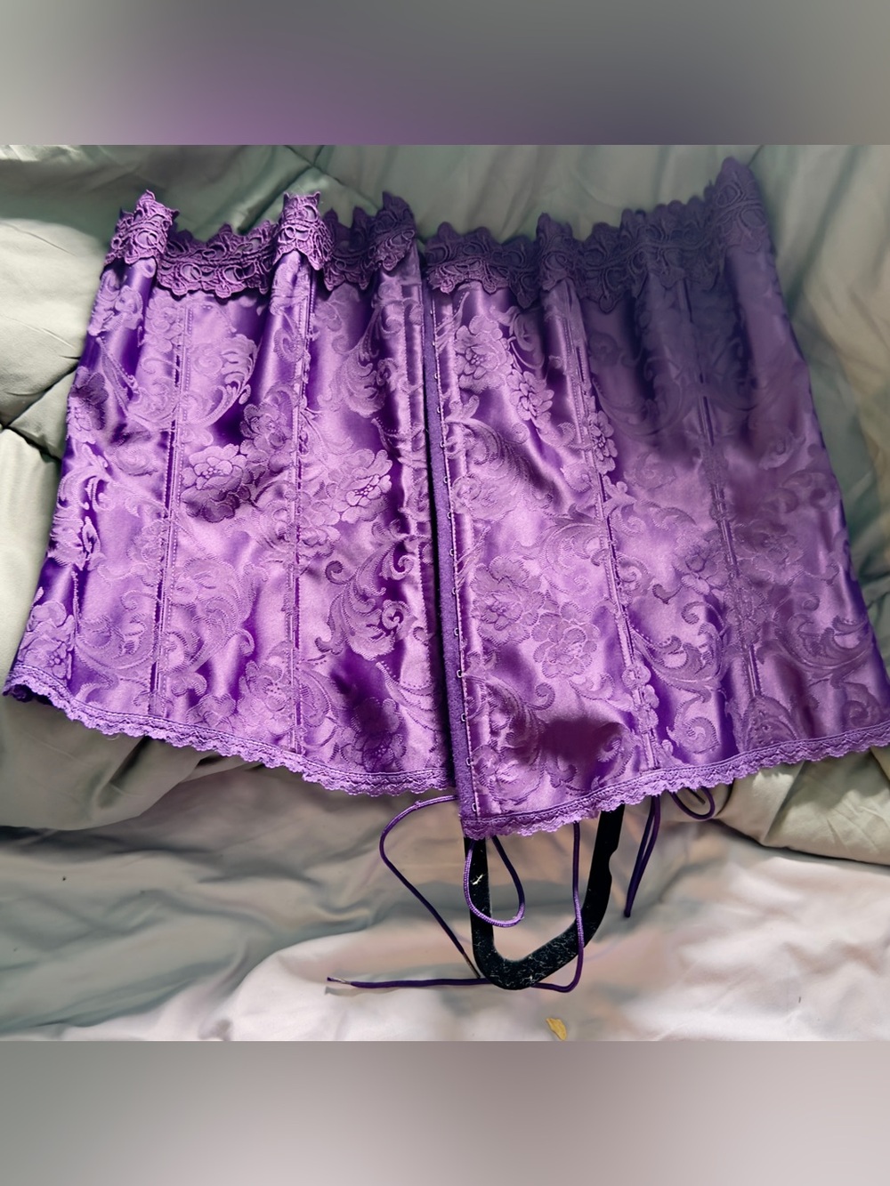 37” + 3” Fredrick’s of Hollywood  corset, purple overbust, modesty panel, ruffle